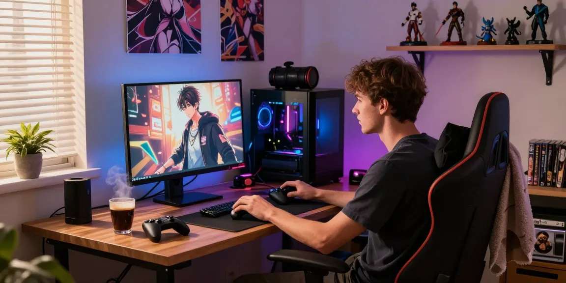 Engaged gamer deeply immersed in a hentai game in a cozy setup.
