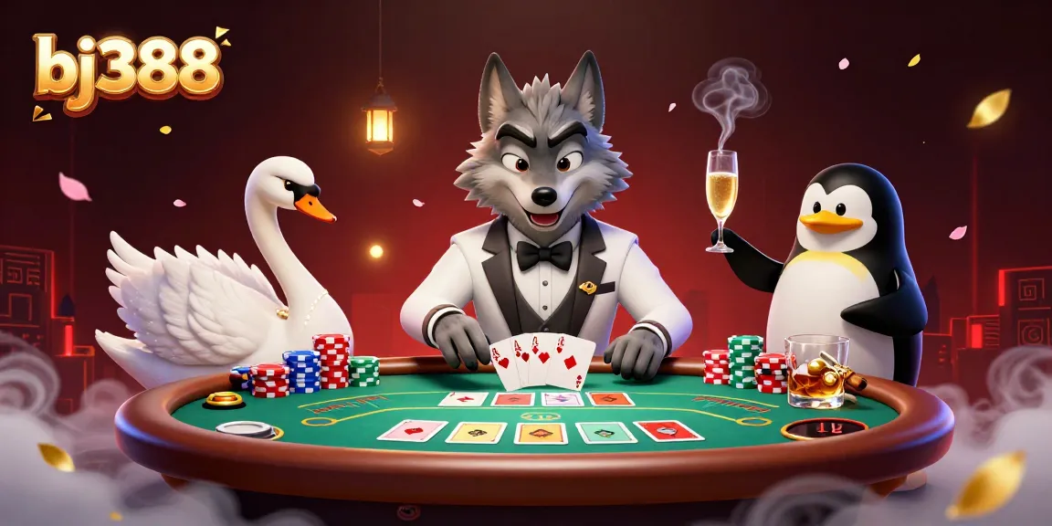 Experience the excitement of bj388 with a debonair wolf and elegant swan at a baccarat table.