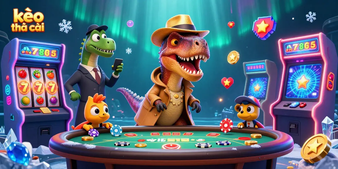 Engage with the exciting kèo nhà cái scene featuring a cartoon velociraptor card counter at a blackjack table, surrounded by vibrant casino elements.