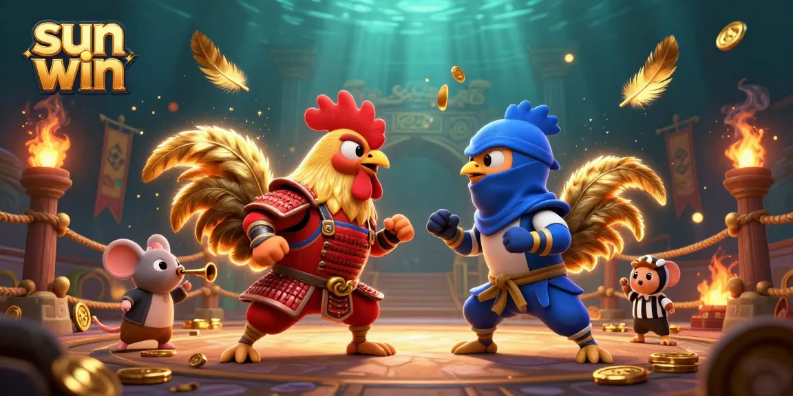 Action-packed scene showcasing sun win with twin fighting roosters in a dynamic duel surrounded by casino elements.