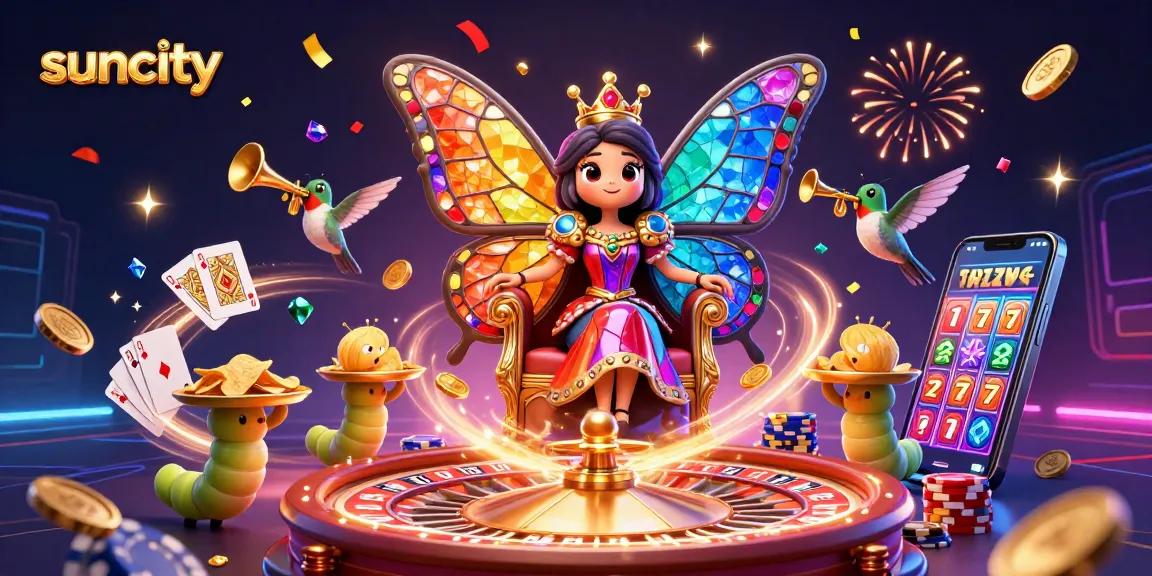 Experience excitement at Suncity with vibrant casino games, festive confetti, and enchanting characters.