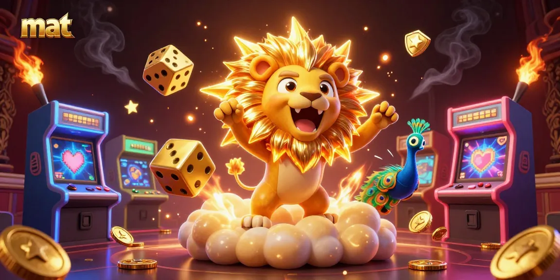 Engage with mat in an exciting casino scene featuring a roaring lion, golden dice, and vibrant gaming action.