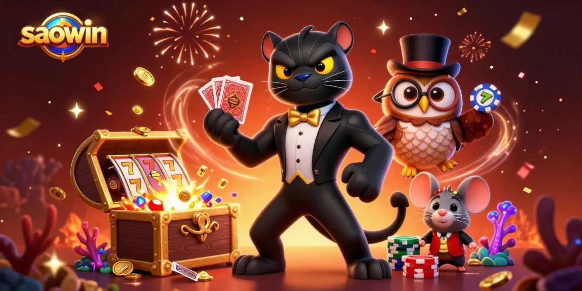 Engage in thrilling gaming at saowin with an action-packed scene featuring a stylish panther, an owl with poker chips, and a lucky mouse.