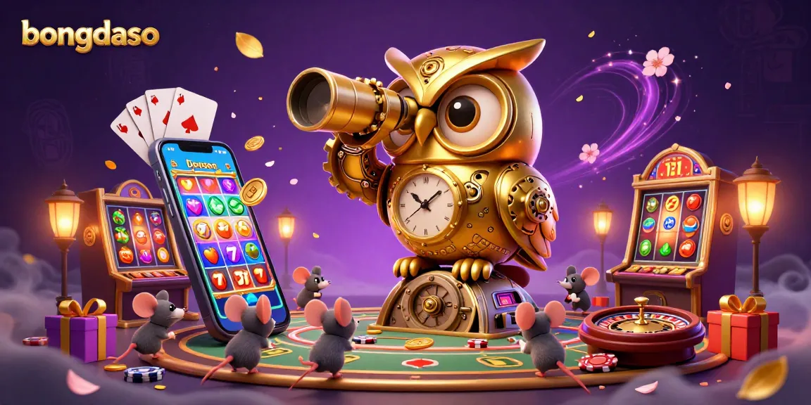 Bongdaso brings excitement with a golden owl scanning a vibrant casino floor, showcasing slot games.