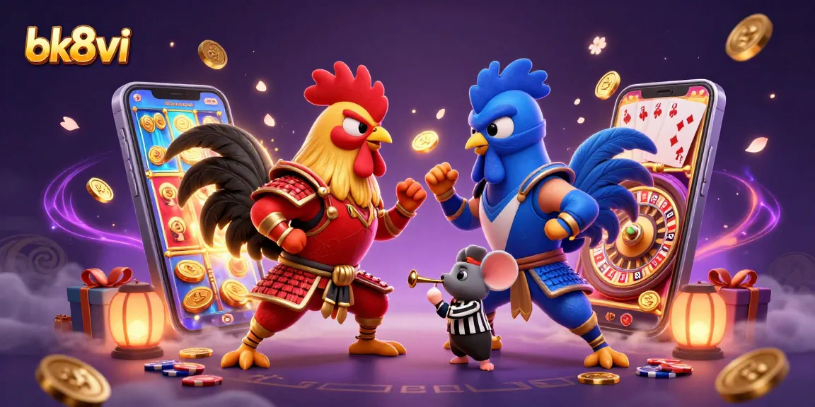 Engage with thrilling cockfighting at bk8vi featuring dramatic characters and vibrant casino elements.