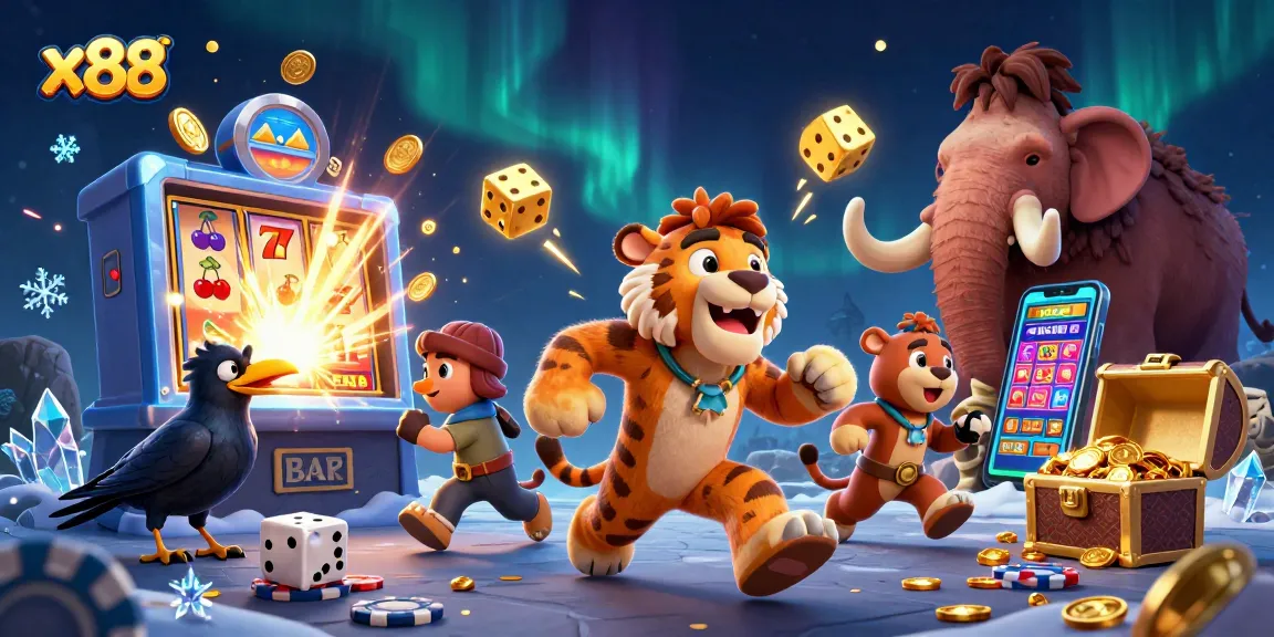 X88 revolutionizes online gaming with a vibrant prehistoric casino, showcasing dynamic slot elements.
