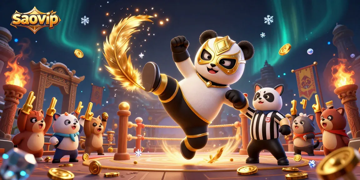 Experience thrilling action with saovip as a panda wrestler takes flight, surrounded by wild cheering animals.