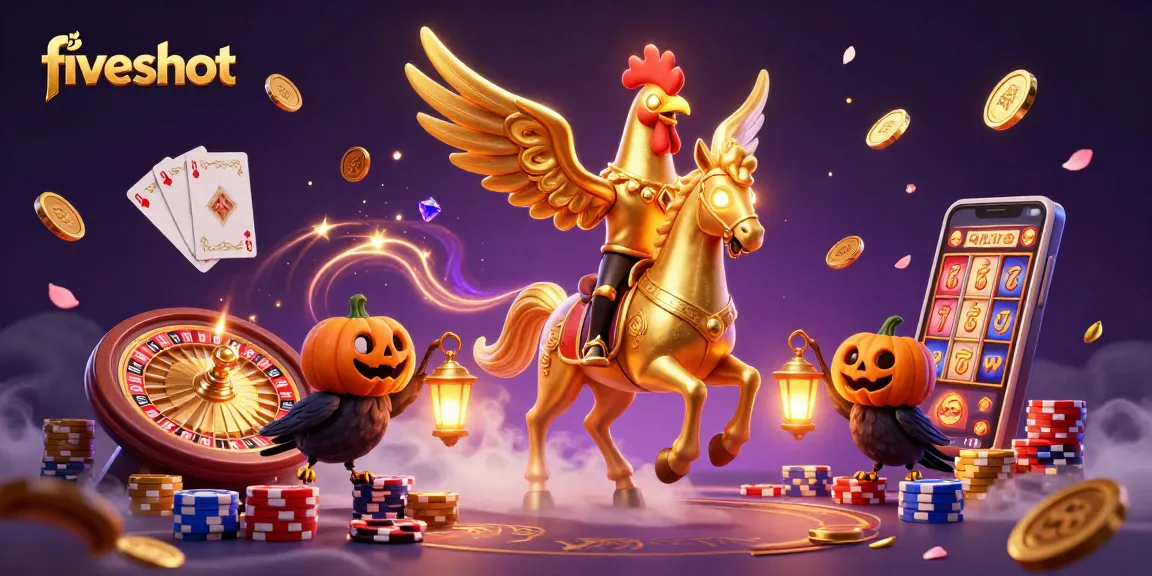 fiveshot showcases a golden rooster riding through a casino with coins and vibrant action.