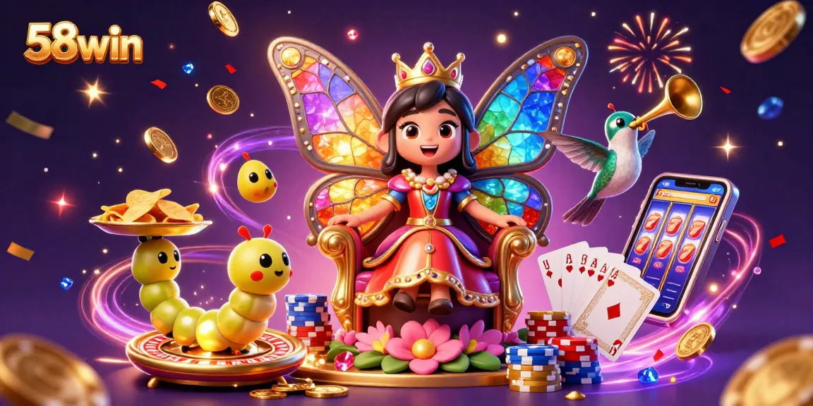 Engage with 58win's enchanting world as a butterfly queen presides over a casino jubilee of chips and games.