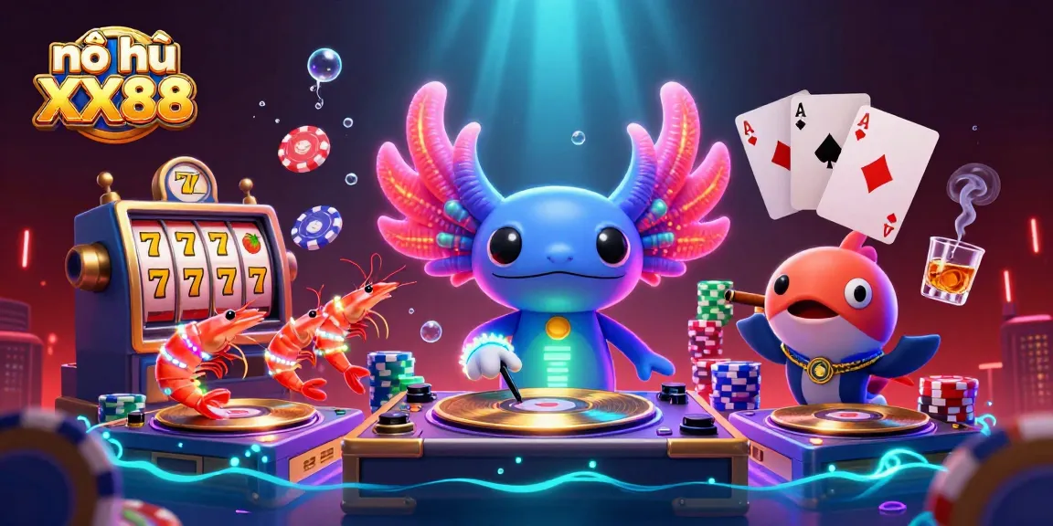 Nổ hũ XX88: Spin exciting slots and jackpots with vibrant characters in a dynamic underwater casino scene.