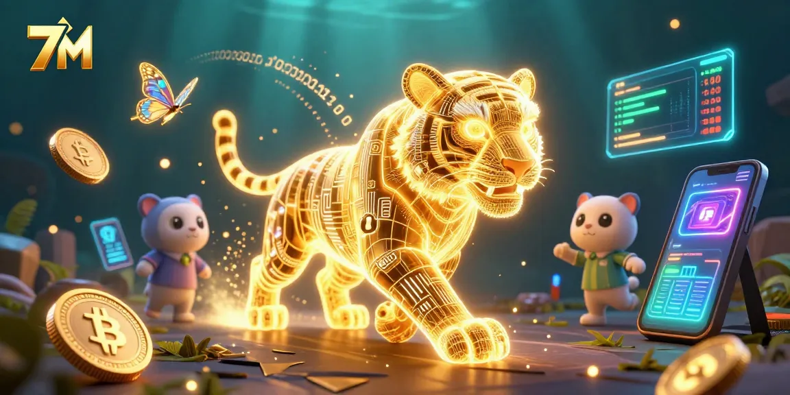 Watch the 7M neon-wireframe golden tiger navigating the exciting world of online sports betting with vibrant cryptocurrency elements.