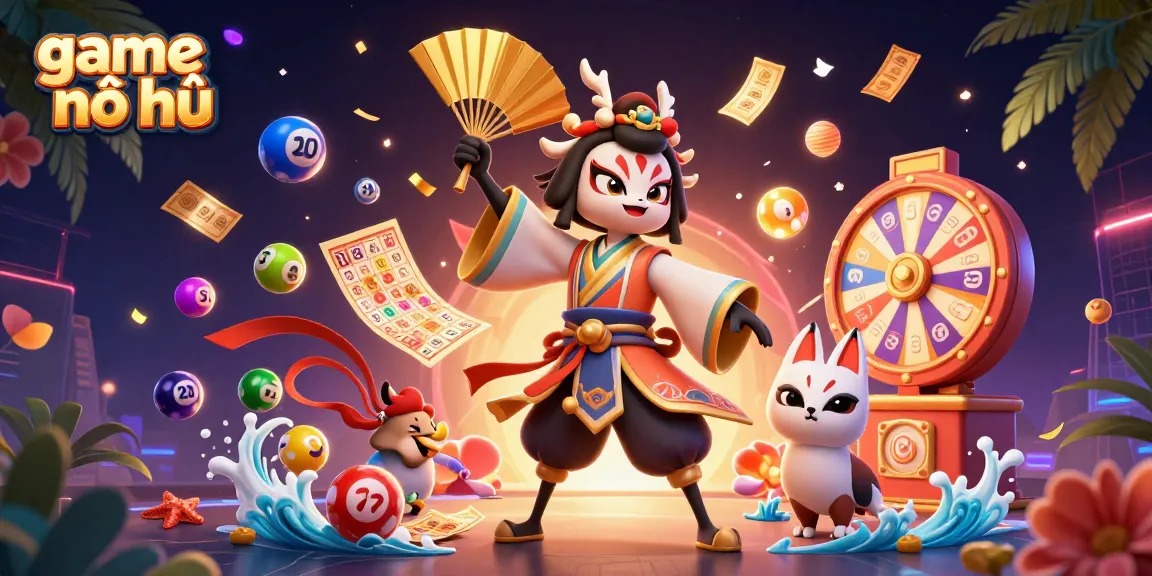 Engage with game nổ hũ through a dynamic scene of colorful gambling elements and captivating characters.