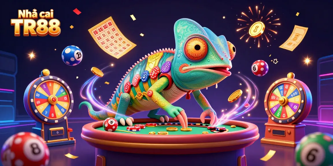 Experience excitement at Nhà cái TR88 with vibrant characters, lottery balls, and casino elements bursting with energy.