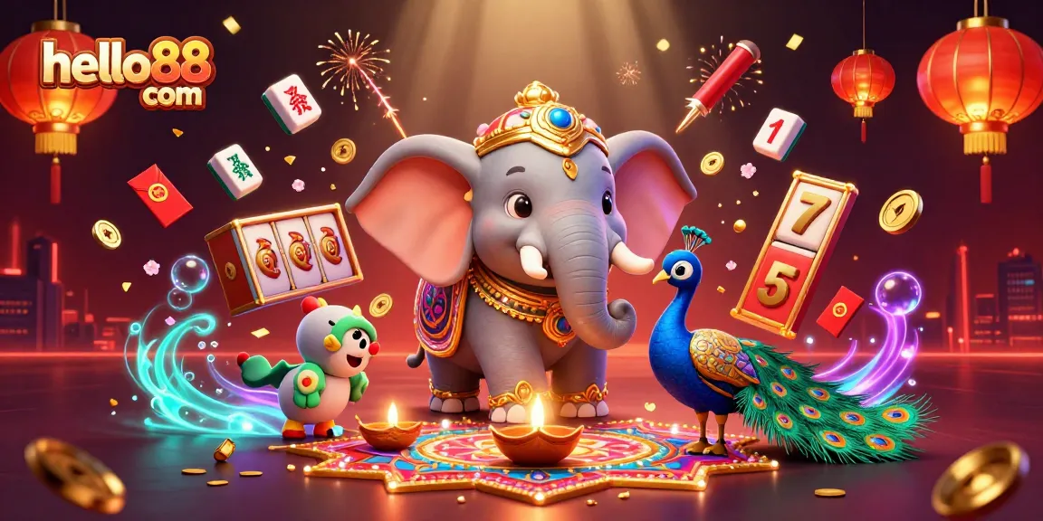 Experience the charm of hello88 com with a vibrant casino scene featuring a Diwali-themed elephant and decorative elements.
