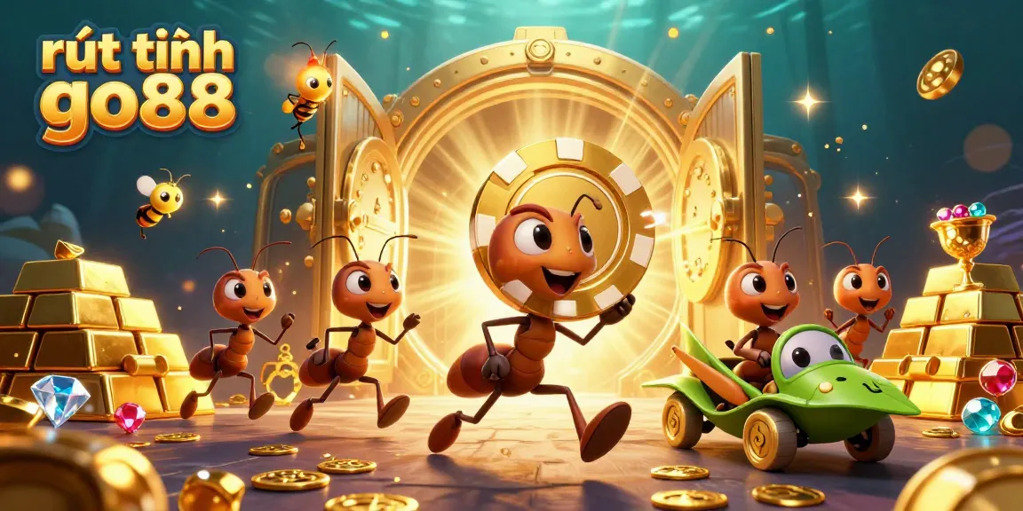 Experience rút tiền go88 as ants orchestrate a heist with a golden poker chip amidst treasure.