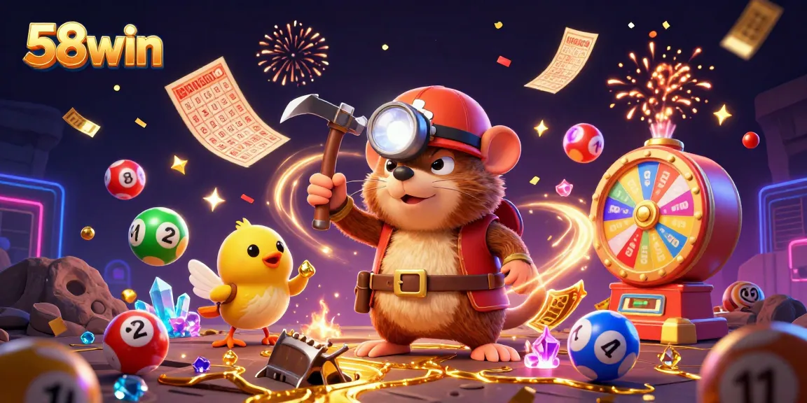 Experience thrilling gaming action with 58win's vibrant 3D illustration showcasing energetic casino excitement.