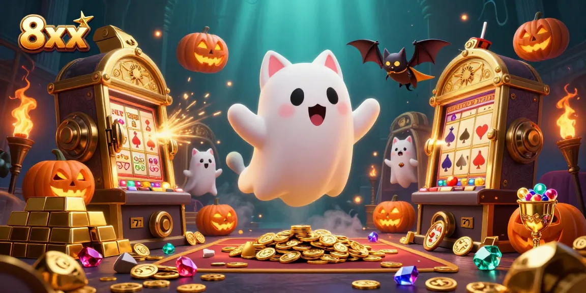 Engaging 8xx illustration of a ghost cat in a haunted casino with slot machines and treasure.