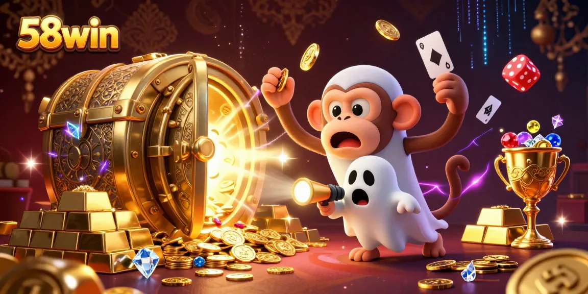 Engage in thrilling gameplay at 58win with a scene of animated casino action featuring a ghost-hunter puppy tracking a mischievous monkey.
