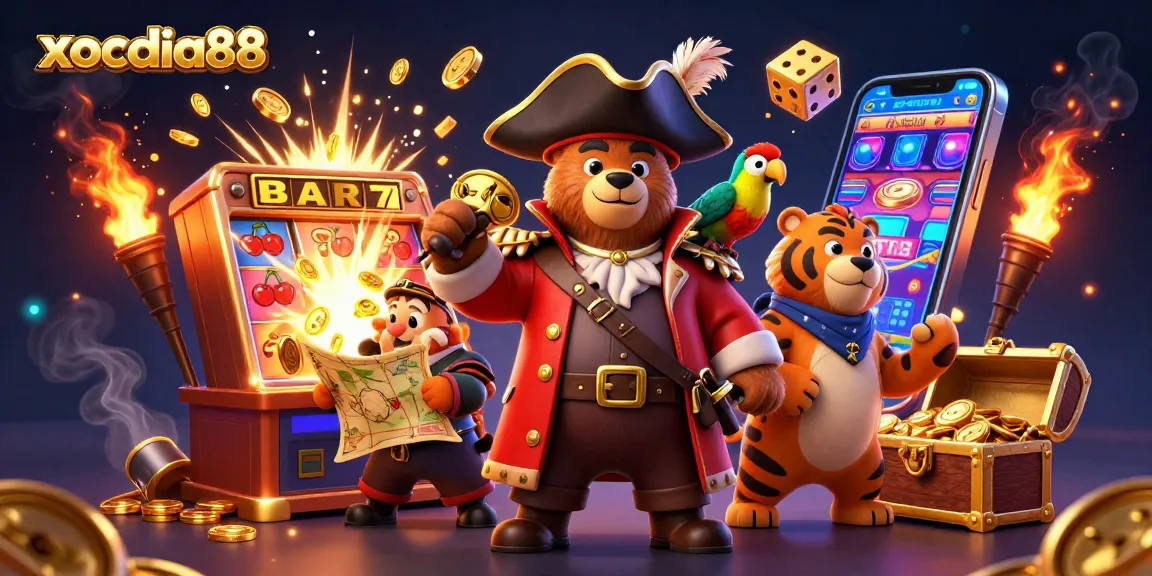 Xocdia88 offers a vibrant casino adventure with a pirate bear, tiger, and treasure-themed elements.