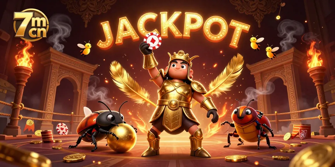 Experience the excitement of 7m cn with a victorious beetle lifting a poker chip in a vibrant gambling scene.