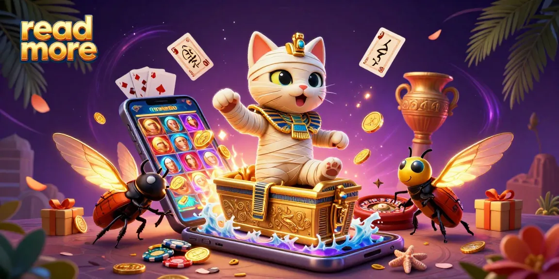 Catch the excitement as you read more with this vibrant 3D rendering of a mummy cat in a lively pyramid casino.