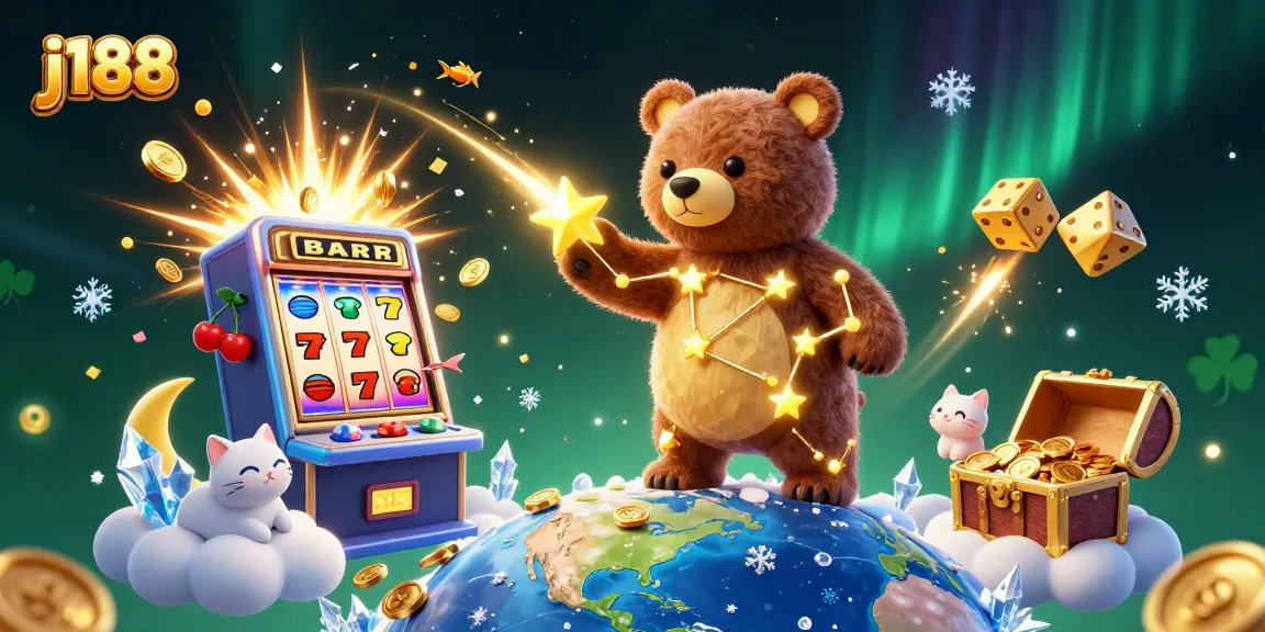 Experience j188 thrills with this vibrant casino scene, featuring golden bears, jackpots, and shooting stars.