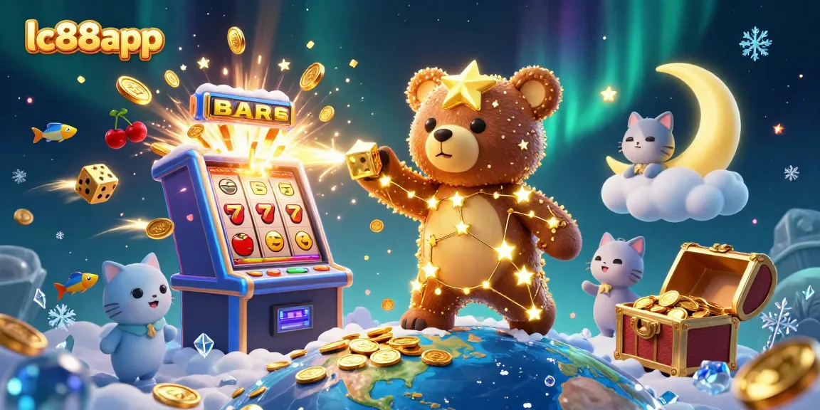Experience exciting wins with lc88app as a constellation bear collects coins amidst colorful slot machine bursts.
