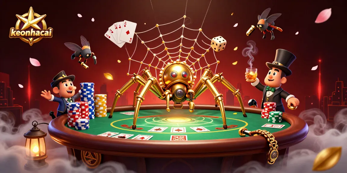 Engage with keonhacai as a steampunk spider entangles dice in a golden web of poker elements.