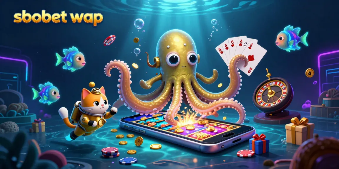 Bet and win with sbobet wap: dynamic illustration of kraken, diving cat, and casino elements.
