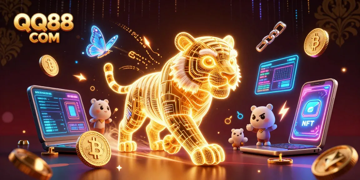 Experience the excitement at QQ88 COM with a vibrant digital casino scene filled with golden tiger energy.