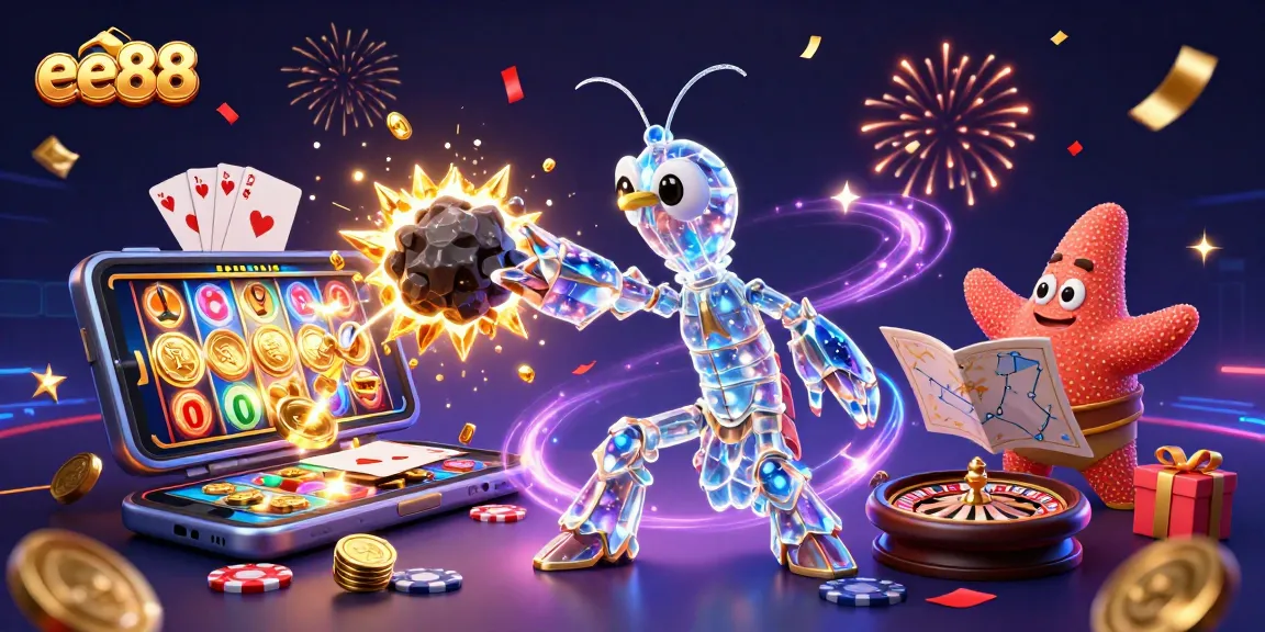 ee88 gaming frenzy with vibrant 3D cartoon characters bursting with riches and winning action