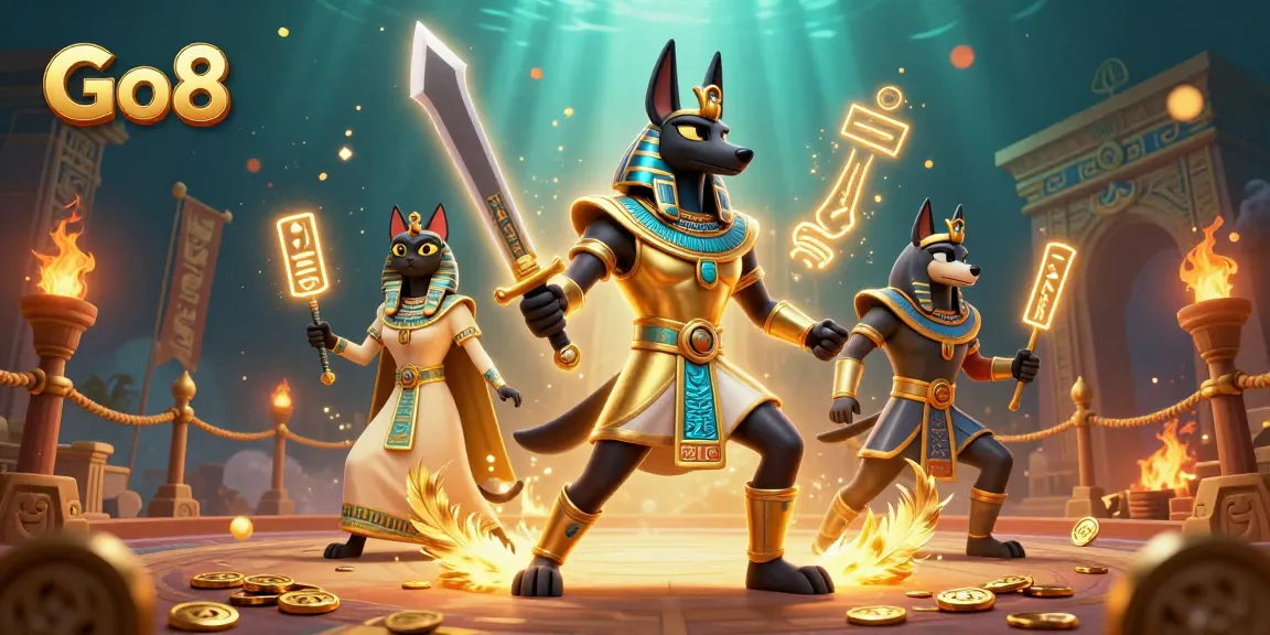 Engage with the vibrant Go8 gaming experience amid ancient Egyptian warriors and mystical elements.