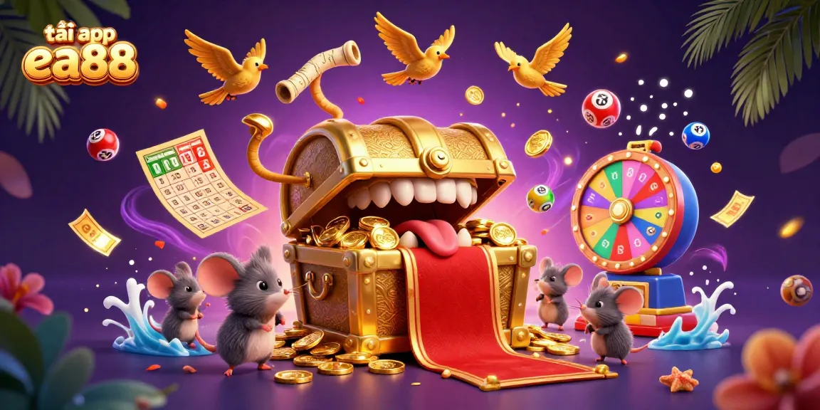 Experience the excitement of tải app ea88 with vibrant games and rewards in a dynamic 3D illustration.