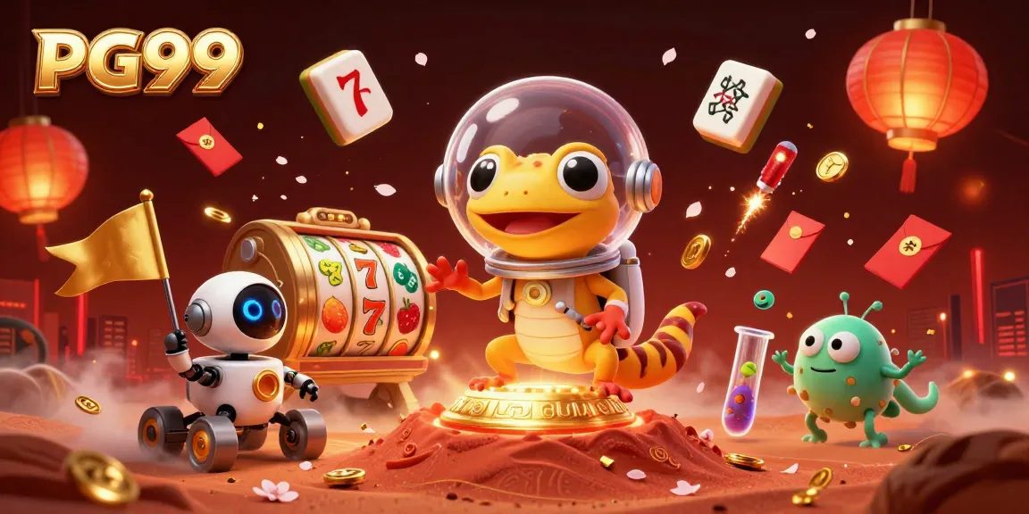 Experience vibrant gaming excitement with PG99's thrilling golden casino scene featuring cosmic characters.