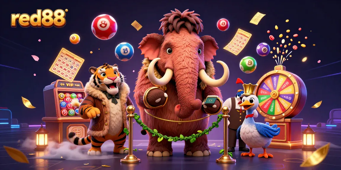 Engage in vibrant gameplay at red88 with a cartoon mammoth checking IDs, lottery balls, and colorful prizes.