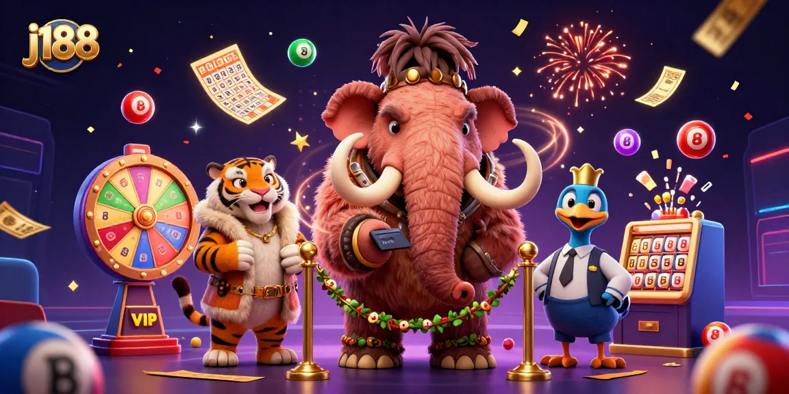 j188 casino scene with a woolly mammoth bouncer, saber-tooth tiger guest, and dynamic lottery elements.