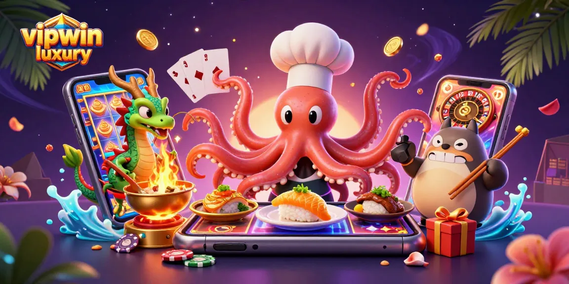 Experience thrilling games at vipwin luxury as playful characters interact in a colorful casino atmosphere.